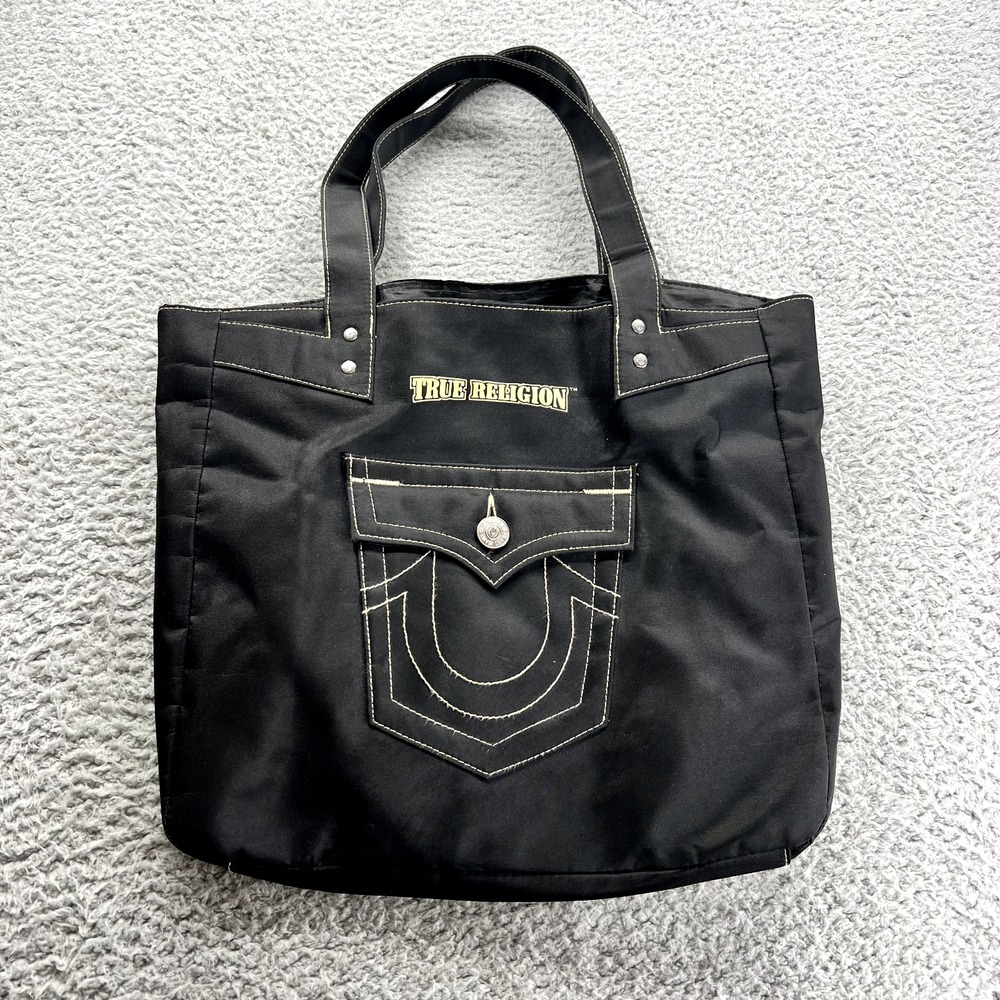 True Religion Black Canvas Tote Logo Bag Lightweight‎